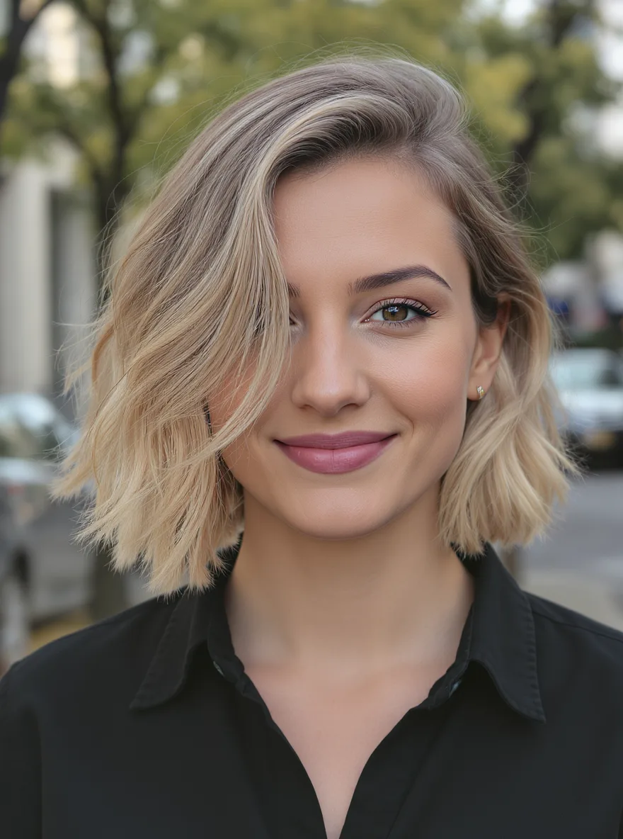 Voluminous Sandy Blonde Wavy Bob with Side-Swept Bangs