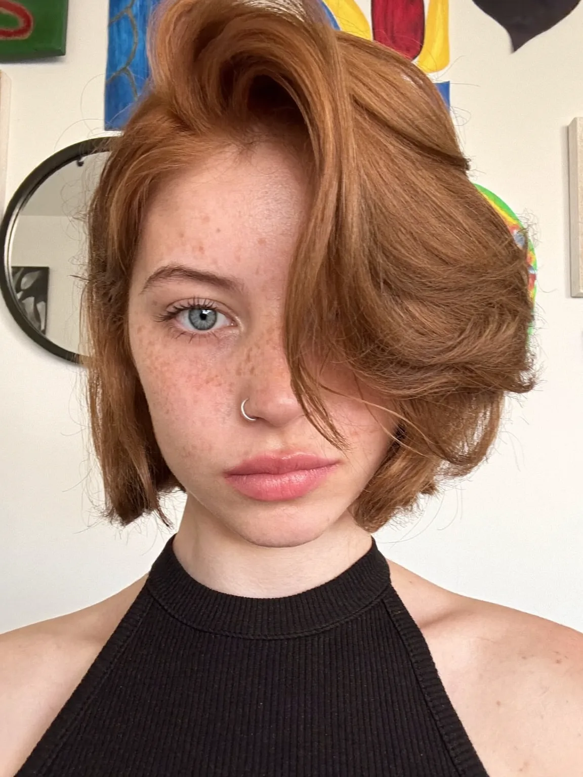 Voluminous Copper Auburn Bob with Side-Swept Bangs