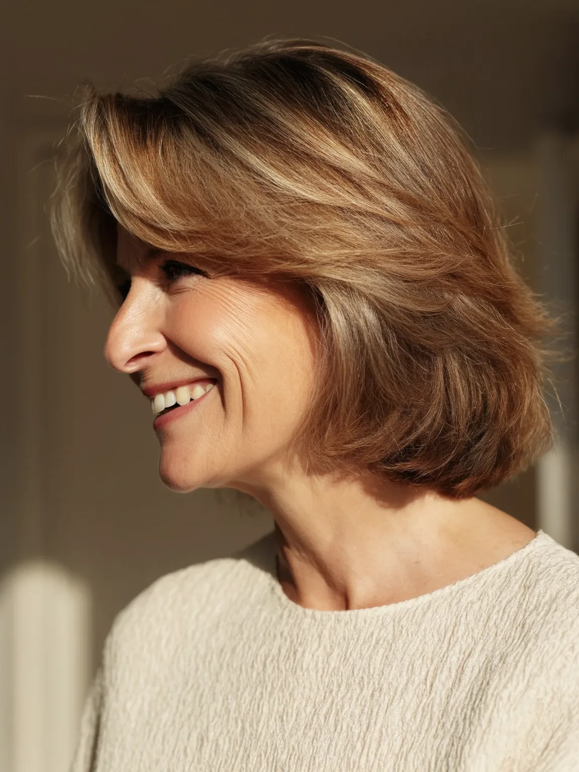 Golden Brown Wavy Bob with Side-Swept Bangs