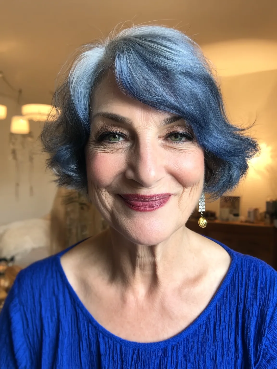 Silvery Blue Wavy Bob with Side-Swept Bangs