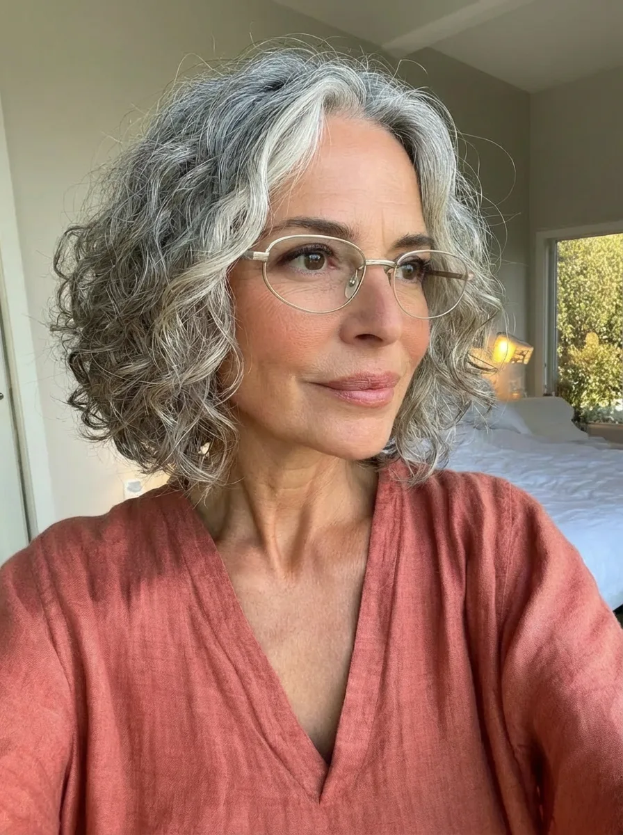 Voluminous Silver Frost Curly Chin-Length Bob
