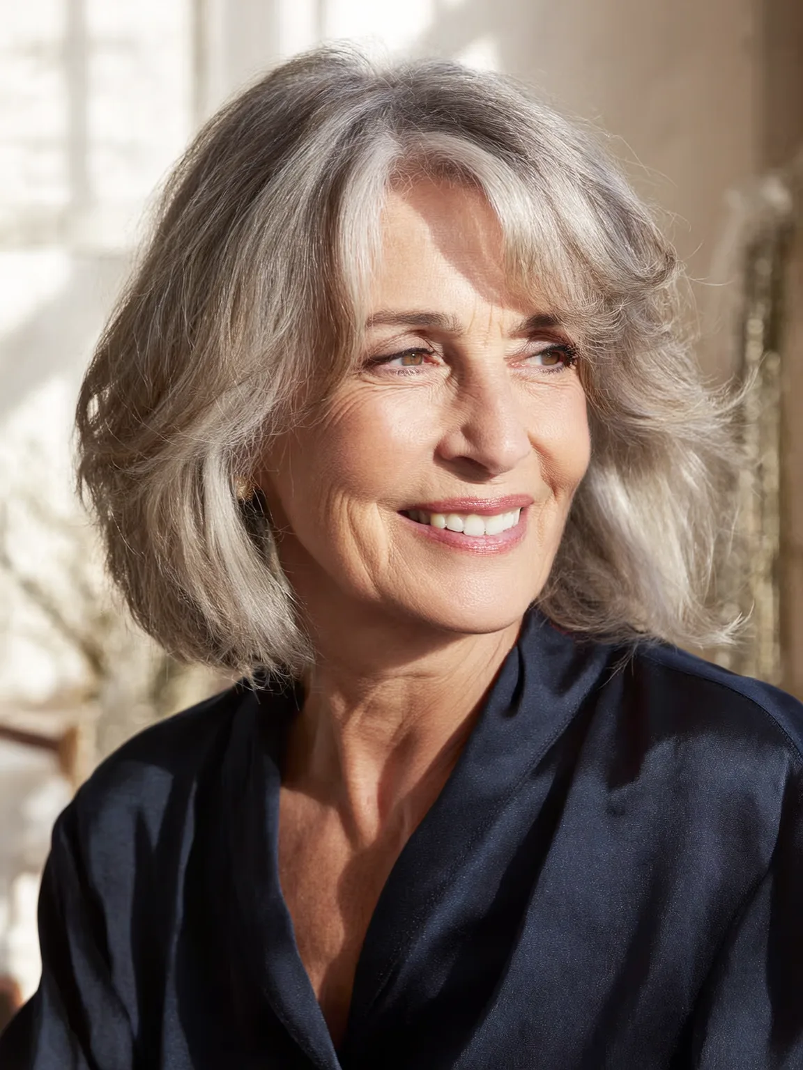 Wavy Silver Frost Bob with Side-Swept Bangs