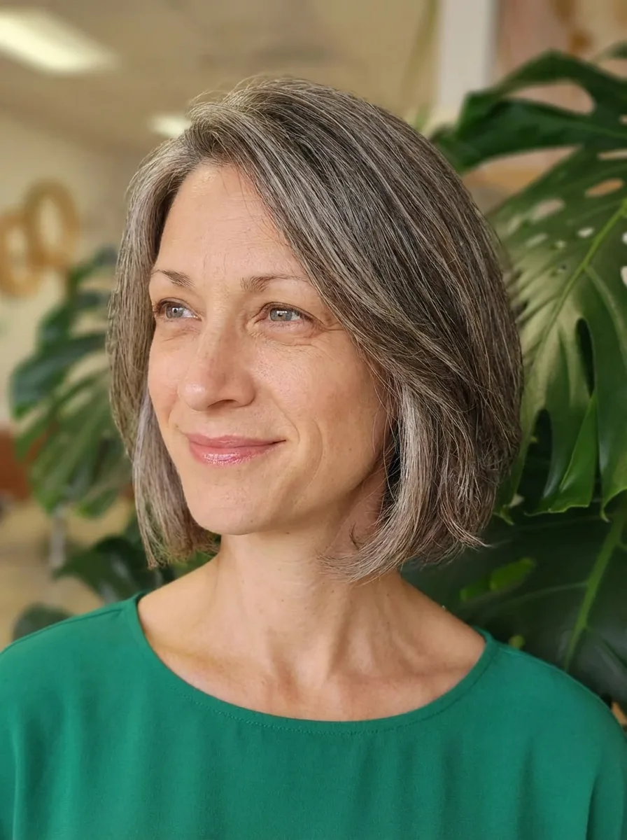 Salt-and-Pepper Gray Straight Chin-Length Bob