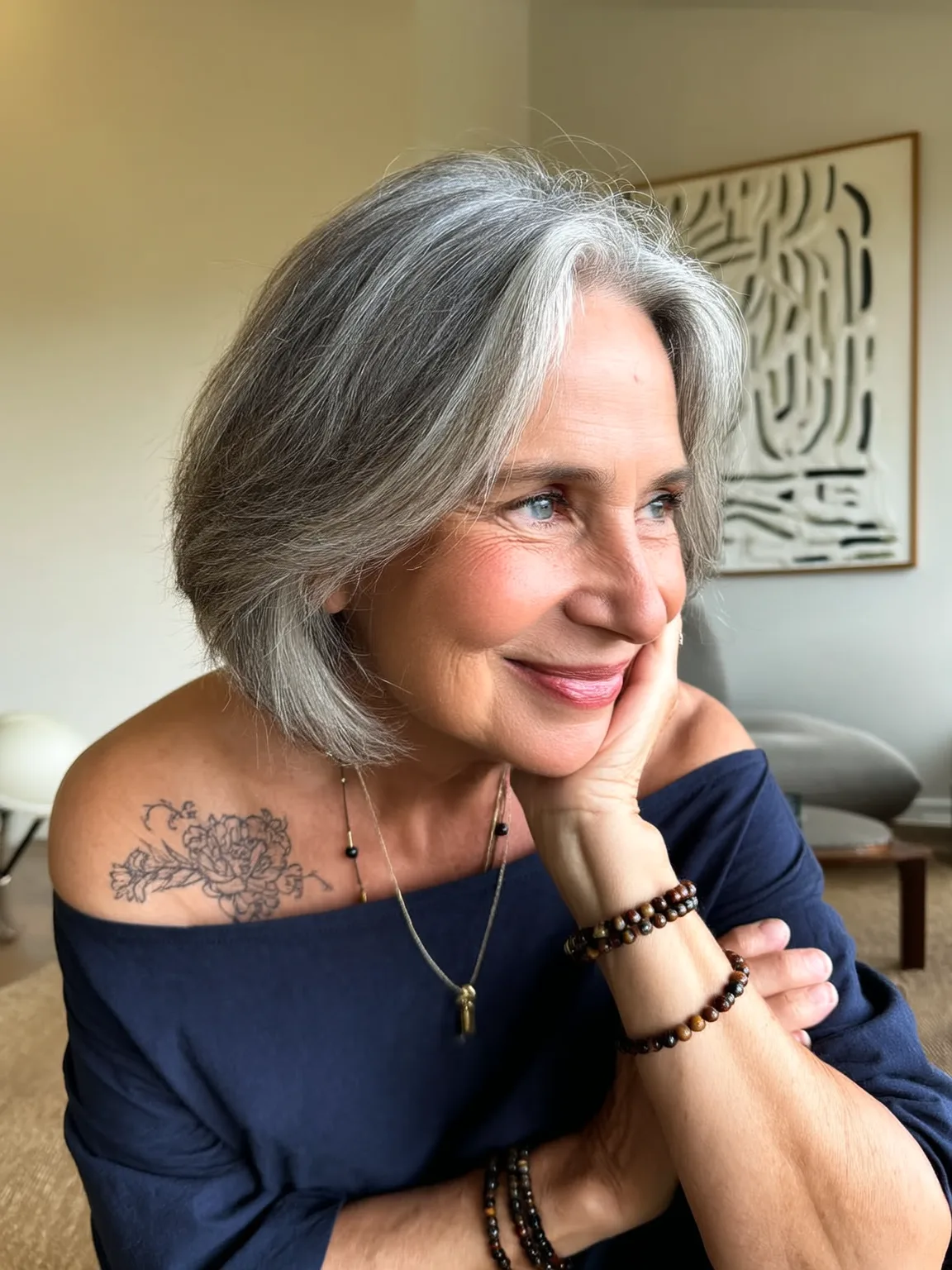 Silver-Grey Chin-Length Bob with Soft Side-Swept Bangs