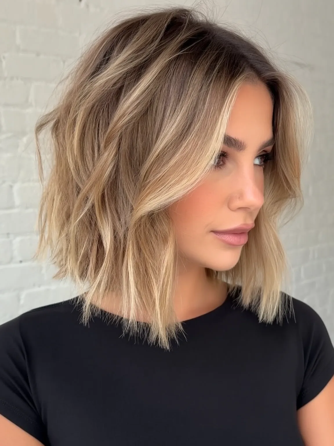 Sandy Blonde Balayage Wavy Lob with Soft Volume