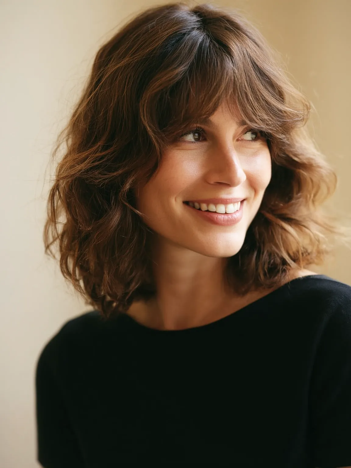 Wavy Warm Caramel Brown Lob with Curtain Bangs