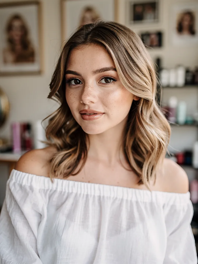 Sandy Blonde Wavy Lob with Clean, Bang-Free Finish