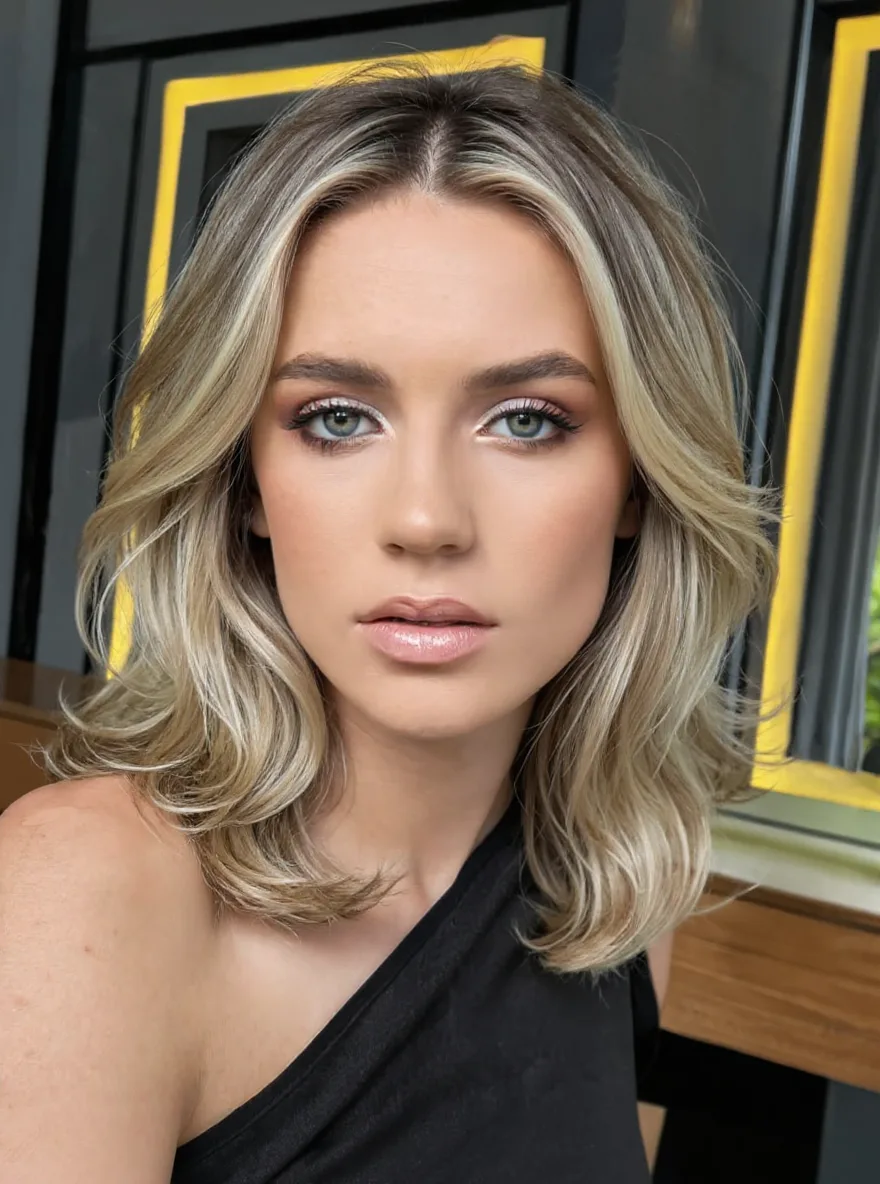 Sun-Kissed Blonde Wavy Lob with Subtle Highlights