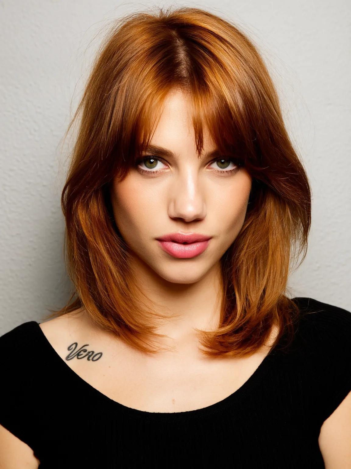 Copper Brown Straight Lob with Heart-Flattering Curtain Bangs