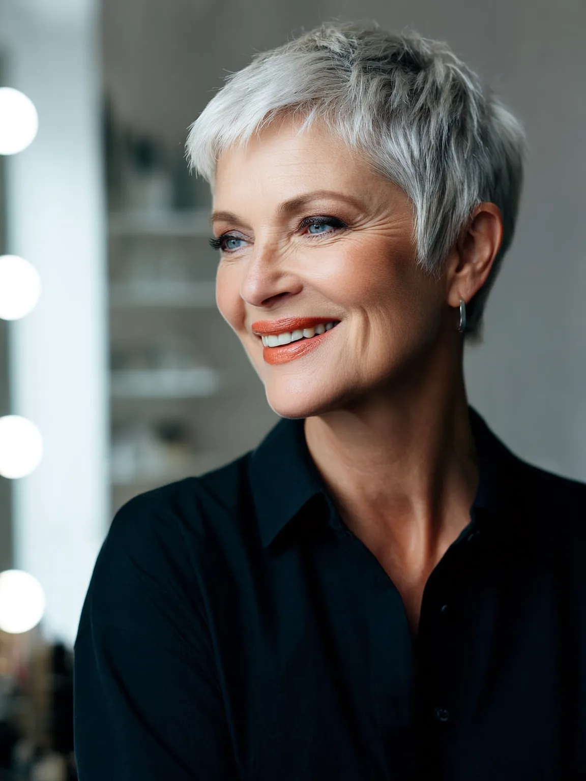 Textured Silver Pixie with Side-Swept Bangs