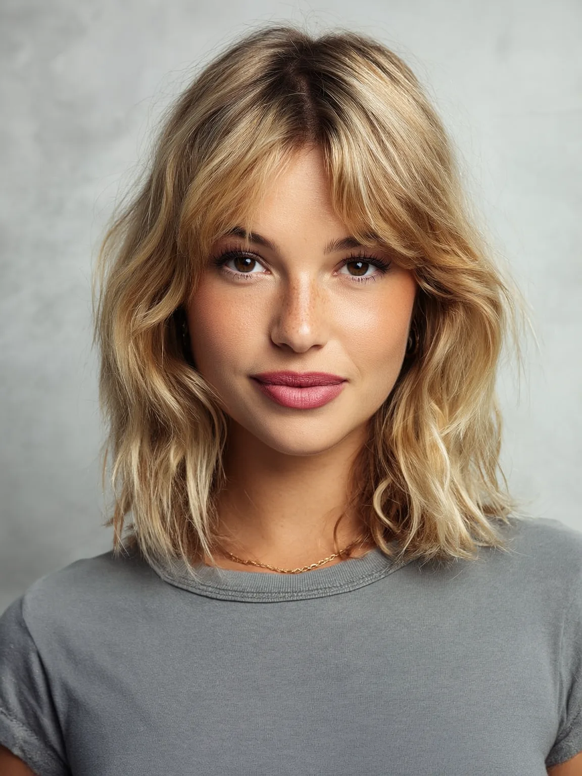 Sandy Blonde Wavy Lob with Curtain Bangs