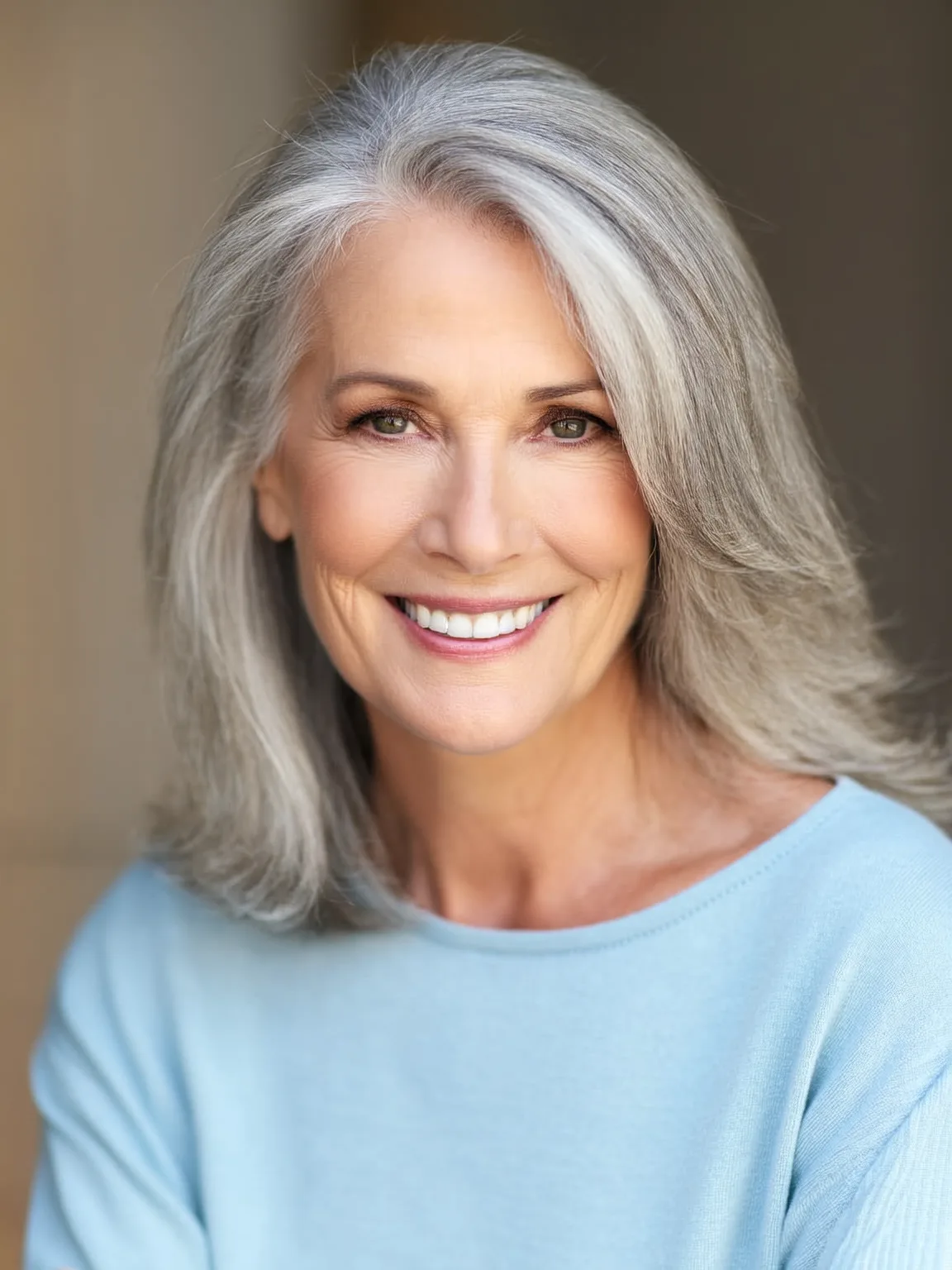 Silver Grey Straight Layered Shoulder-Length Style