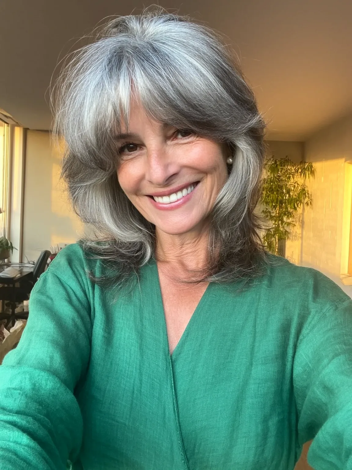 Silver Frost Wavy Layers with Curtain Bangs