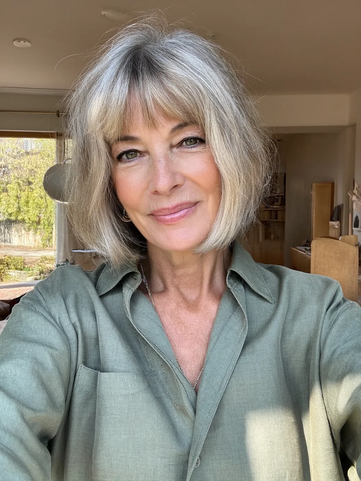 Chin-Length Bob in Silver Frost with Wispy Fringe
