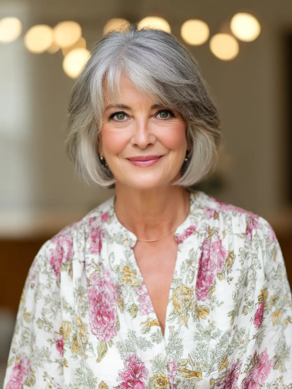 Chin-Length Bob in Silver Frost with Side-Swept Bangs
