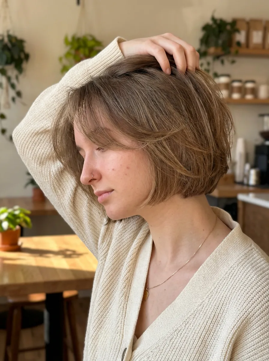 Blunt Cut Bob with Curtain Bangs in Sandy Blonde