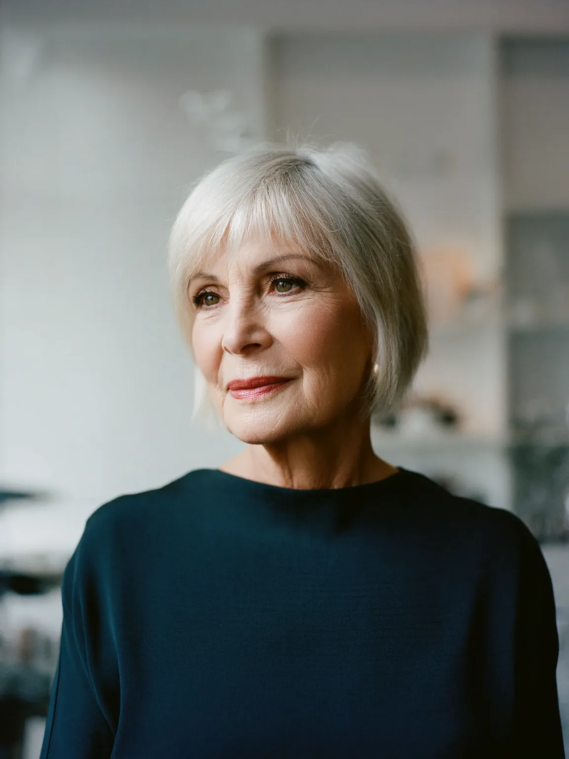 Classic Short Bob with Blunt Bangs in Silver Frost