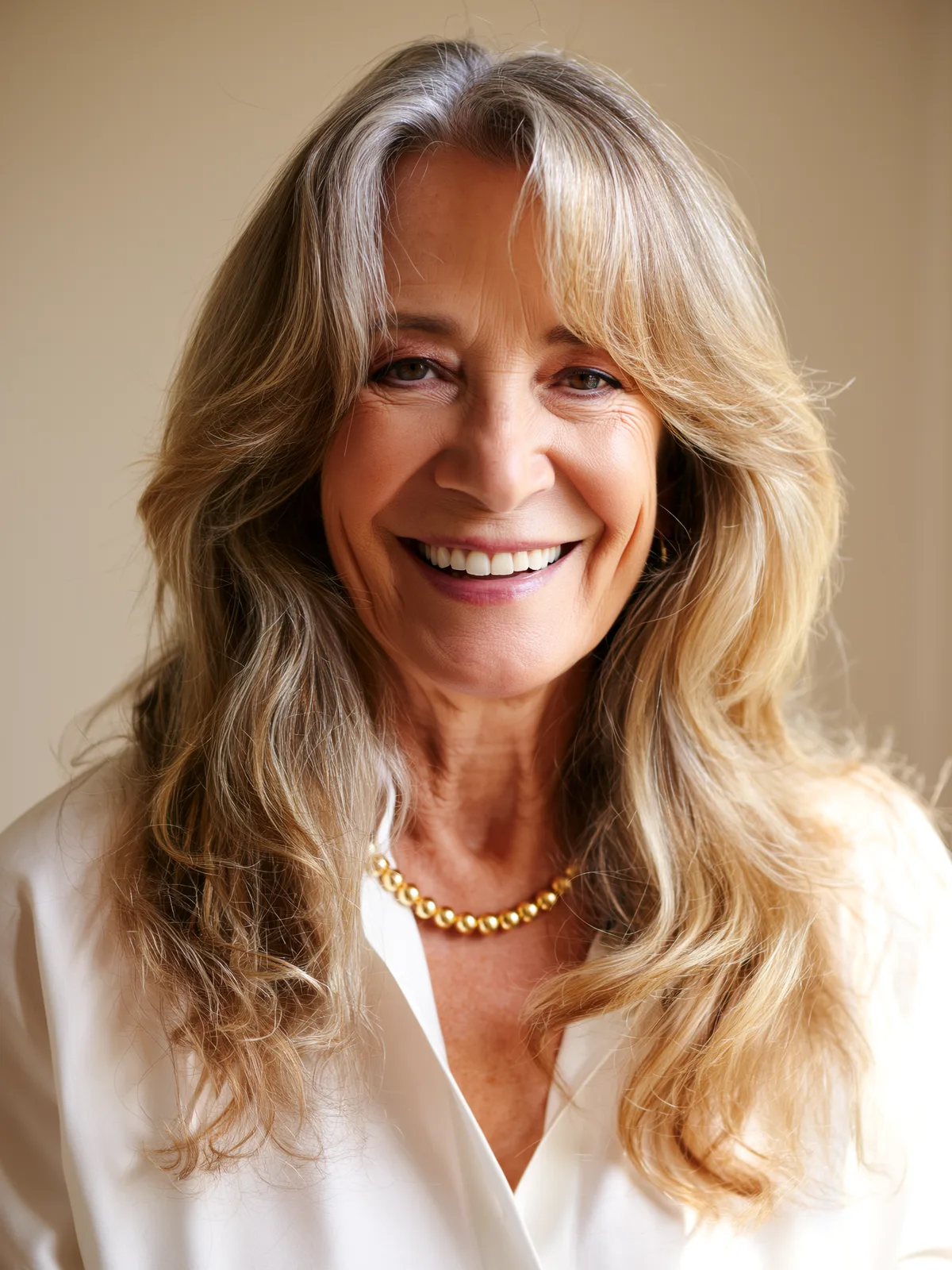 Long Soft Sandy Blonde Layers with Curtain Bangs