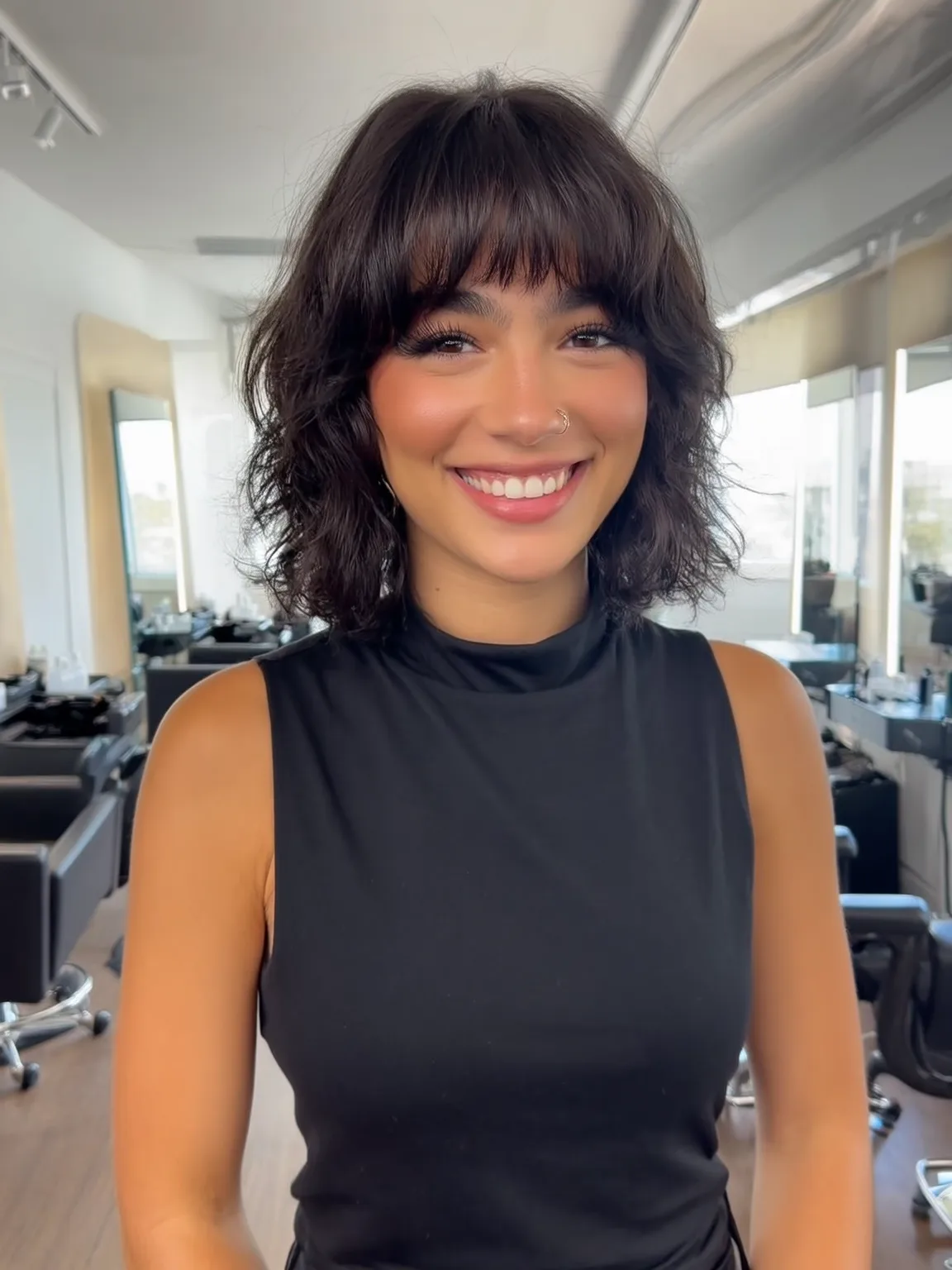Glossy Espresso Brown Bob with Blunt Bangs