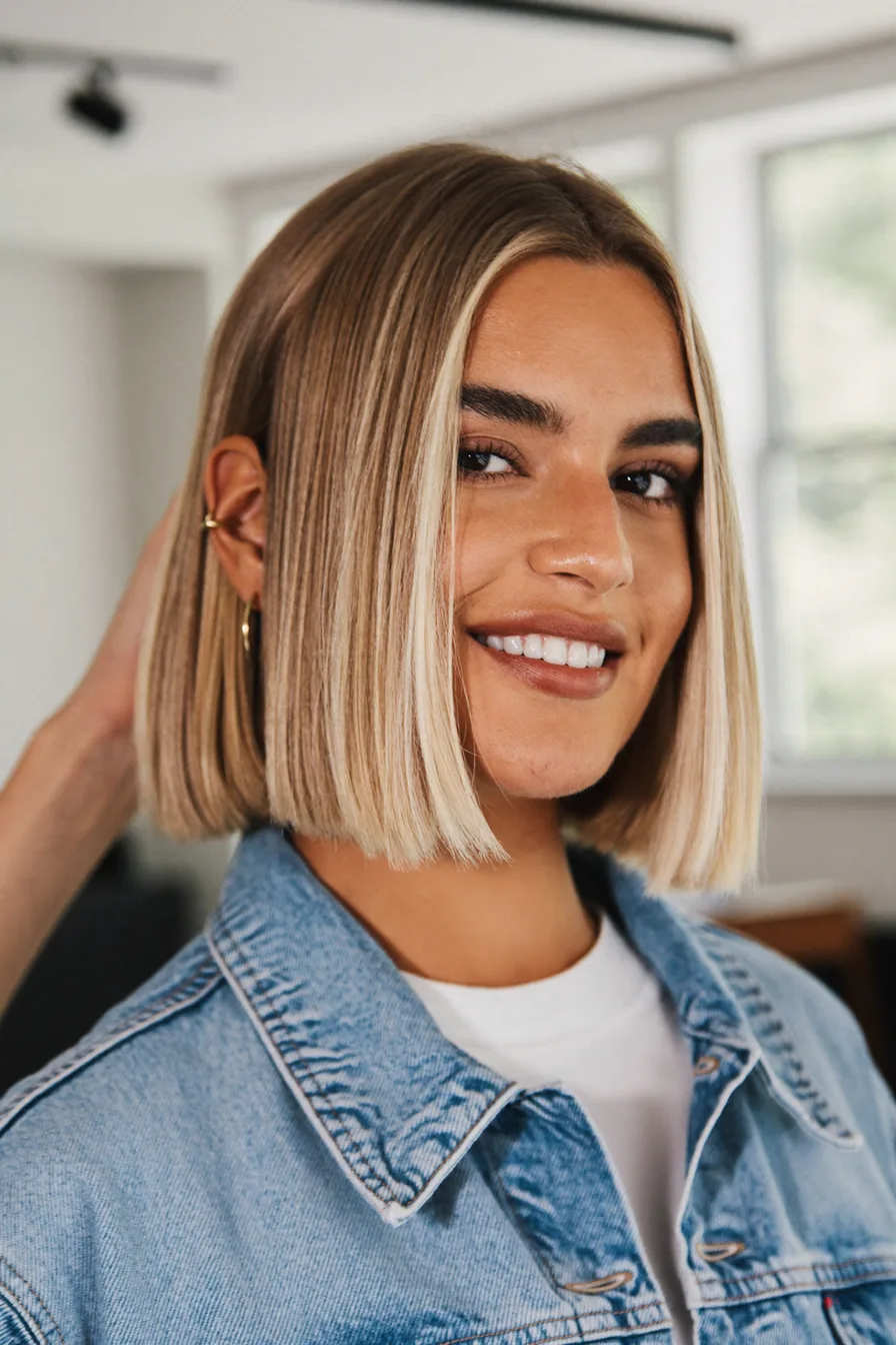 Sleek Chin-Length Blunt Bob with Platinum Money-Piece Highlights