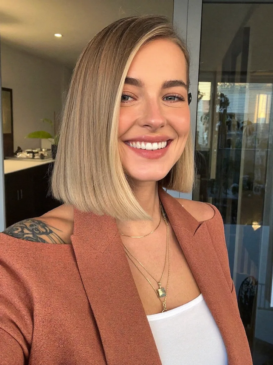 Sleek Chin-Length Blunt Bob with Cool Ash Blonde Highlights