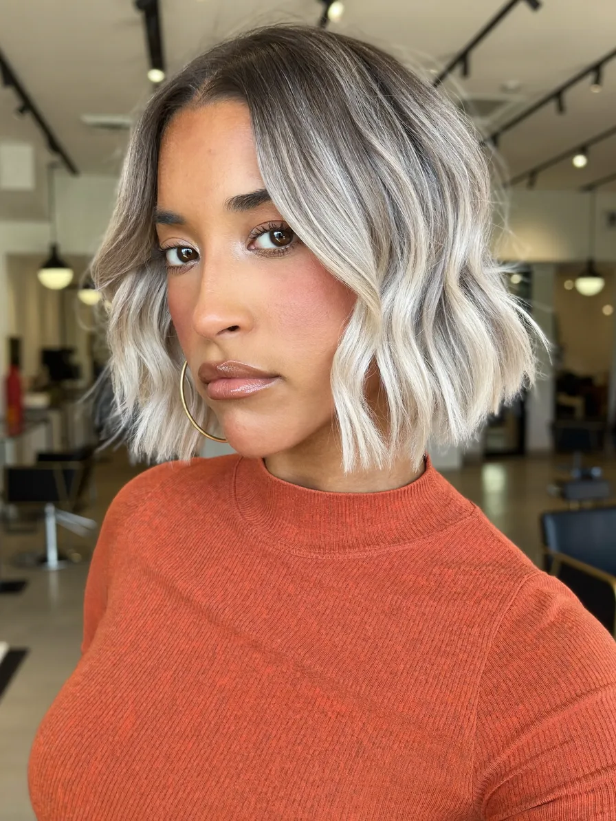 Textured Wavy Chin-Length Bob with Cool Ash Blonde Balayage