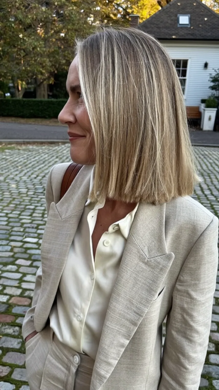 Chic Center-Parted Blunt Bob with Ash Blonde Highlights