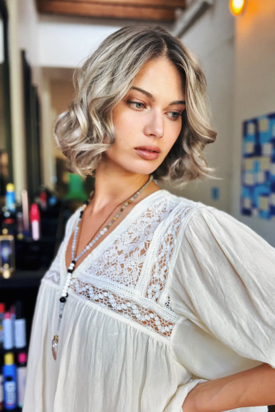 Modern Wavy Ash Blonde Bob with Subtle Platinum Highlights