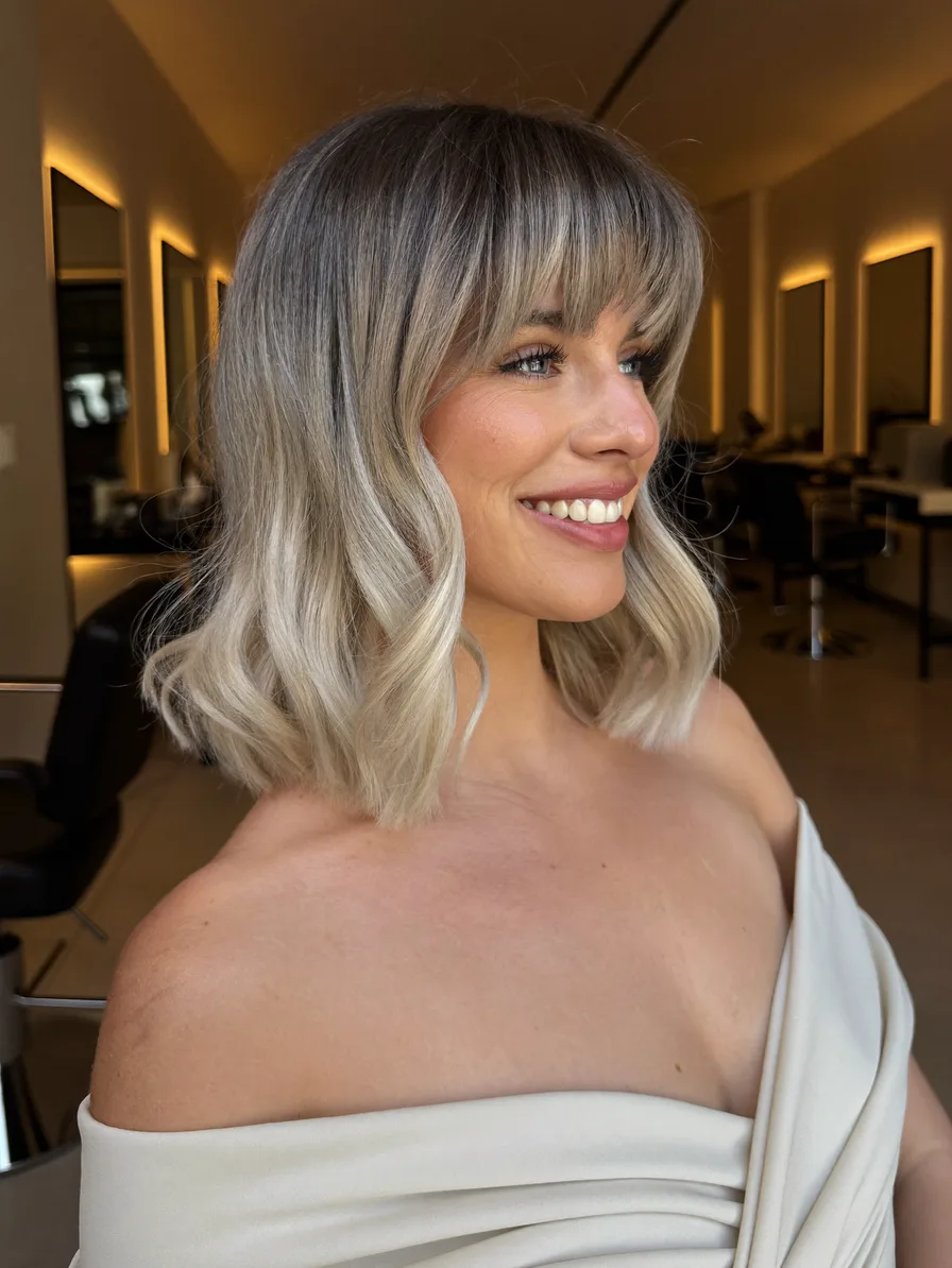 Modern Ash Blonde Blunt Bob with Soft Blunt Bangs