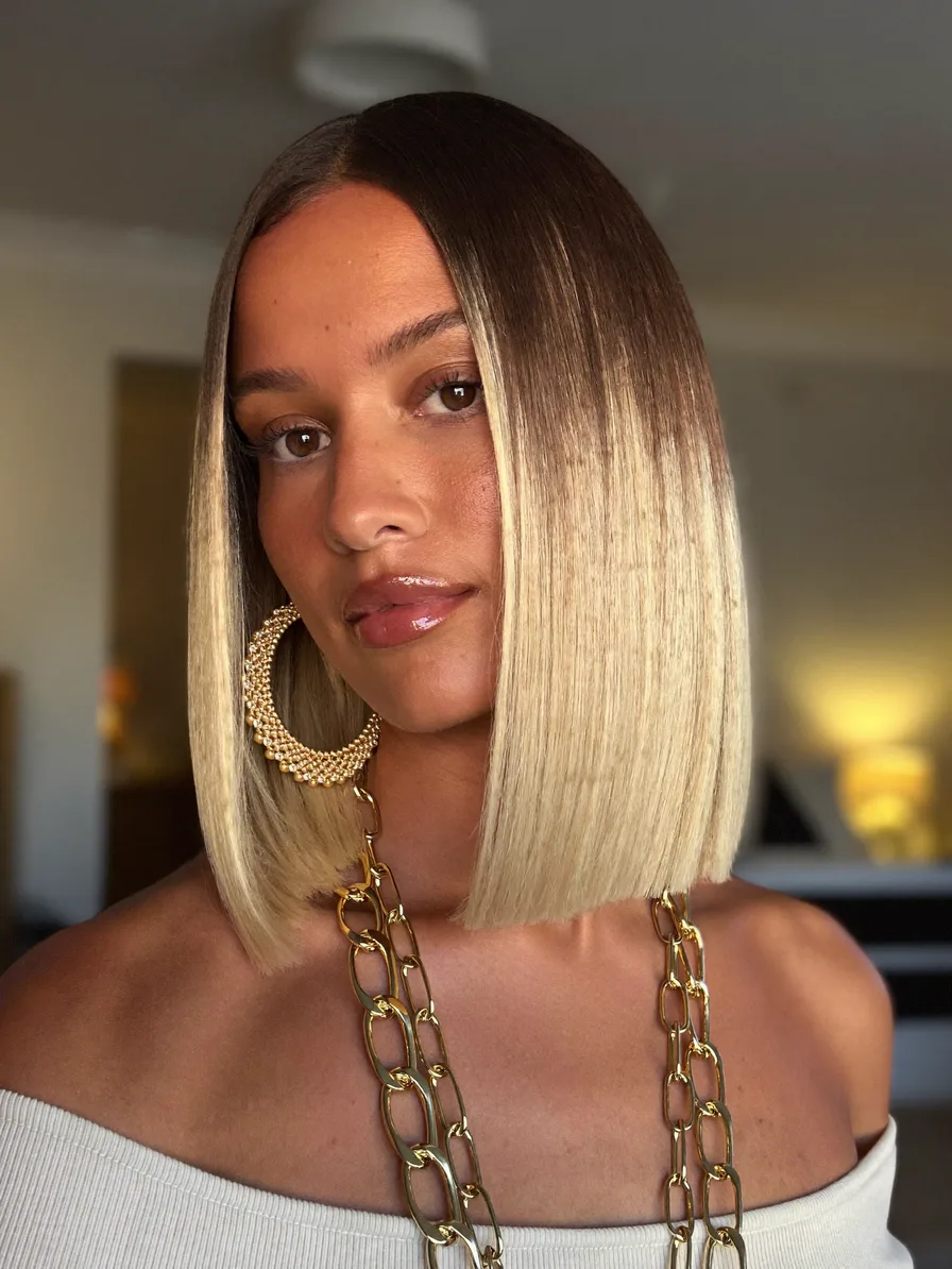Sleek Chin-Length Blunt Bob with Ash Blonde Ombre Fade