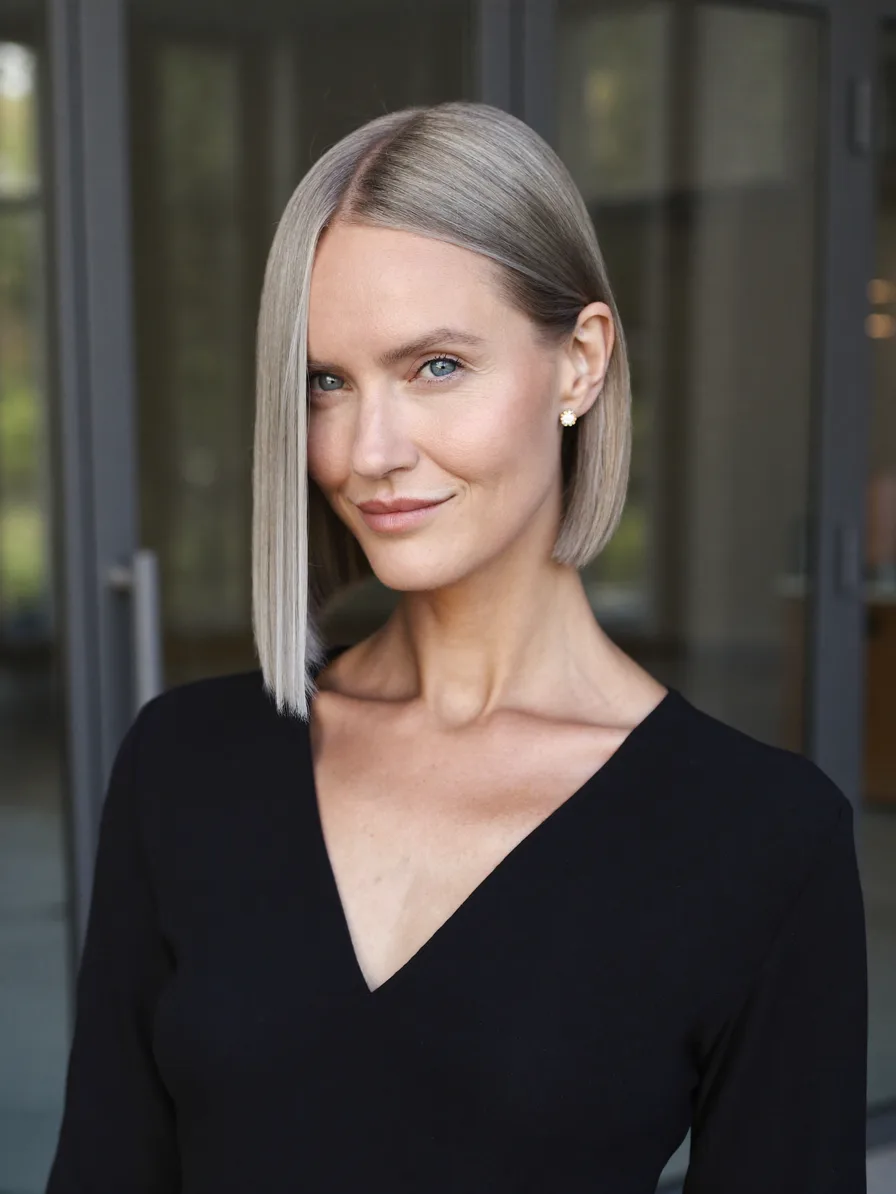 Sleek Platinum Ash Blonde Blunt Bob with Side Part