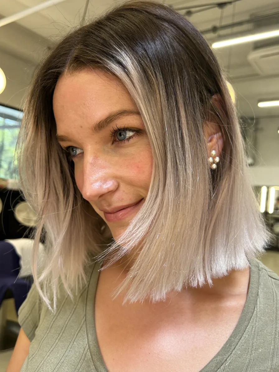 Chic Ash Blonde Blunt Bob with Dark Root Contrast