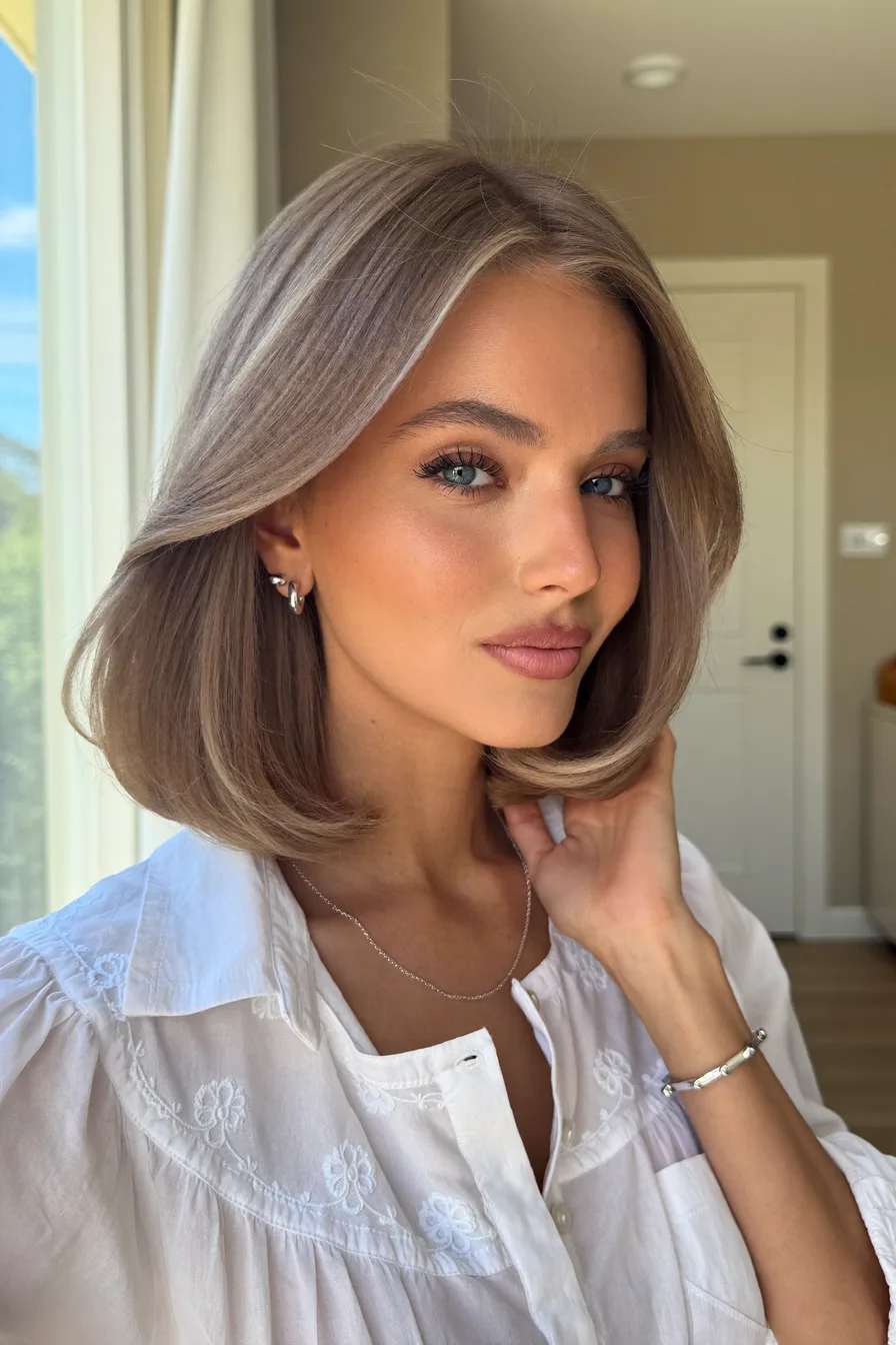 Chin-Length Classic Bob with Rounded Ends and Side-Swept Bangs