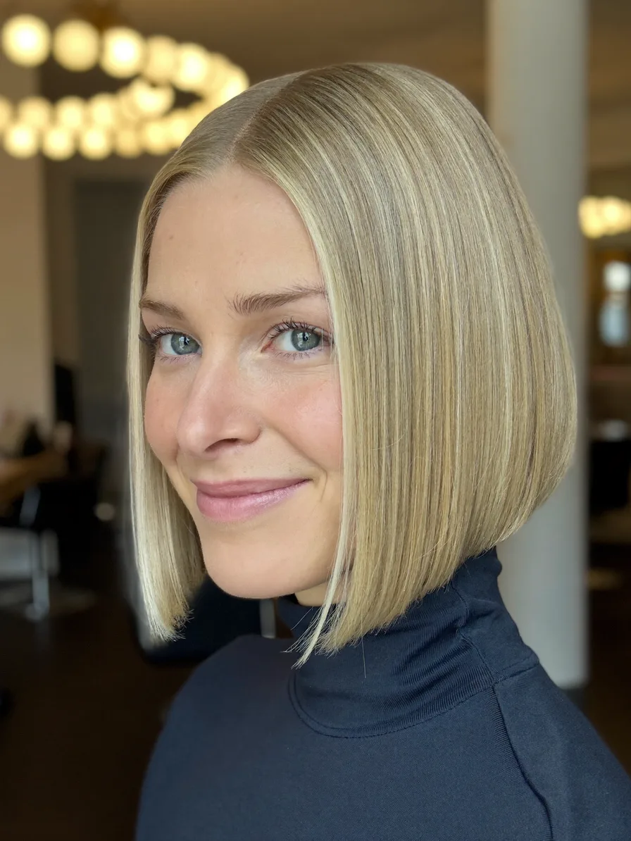 Sleek Center-Parted Blunt Bob with Ash Blonde Highlights