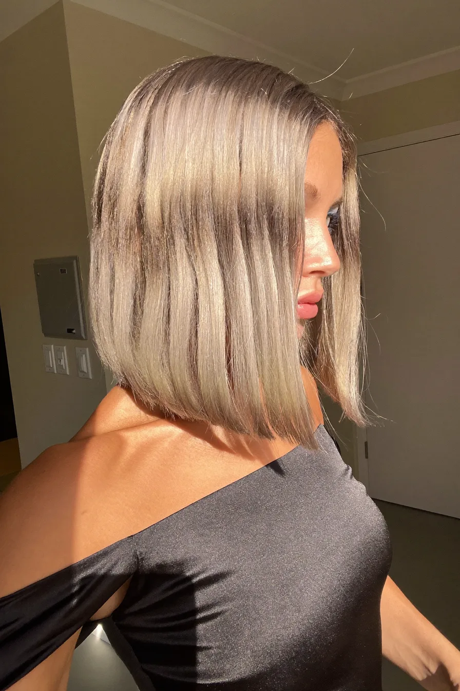 Chic Ash Blonde Blunt Cut Bob with Long Bangs
