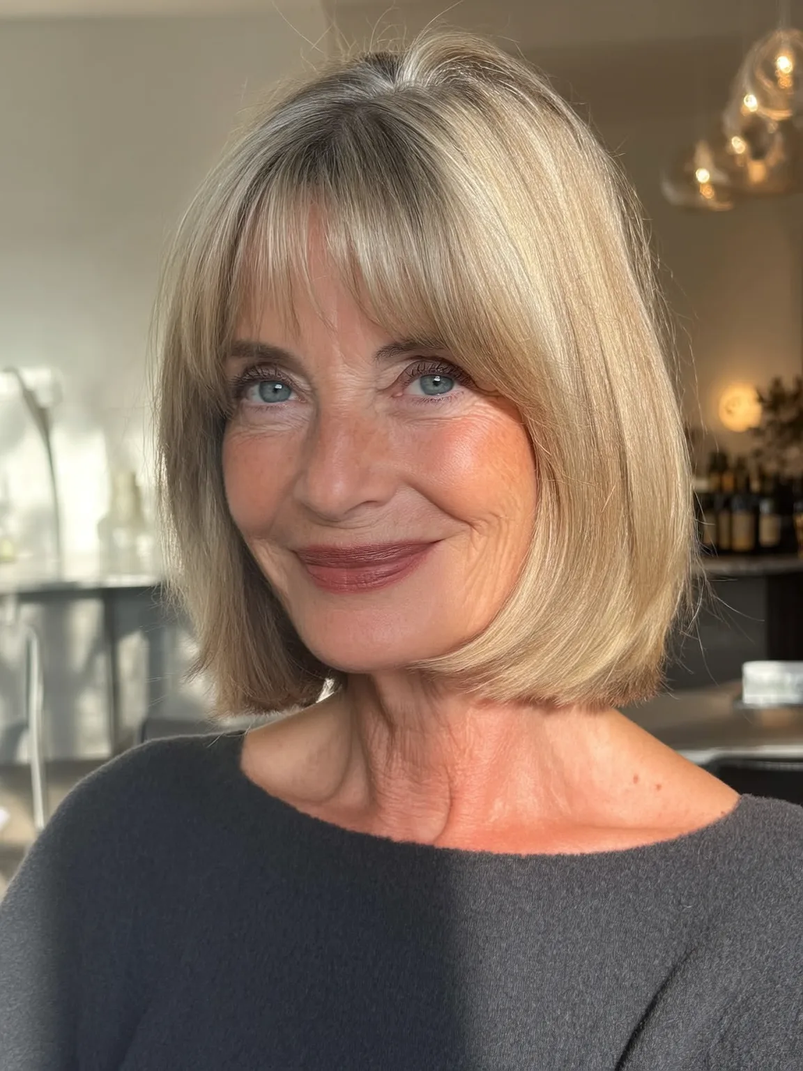 Cool Ash Blonde Bob with Blunt Bangs and Medium Volume