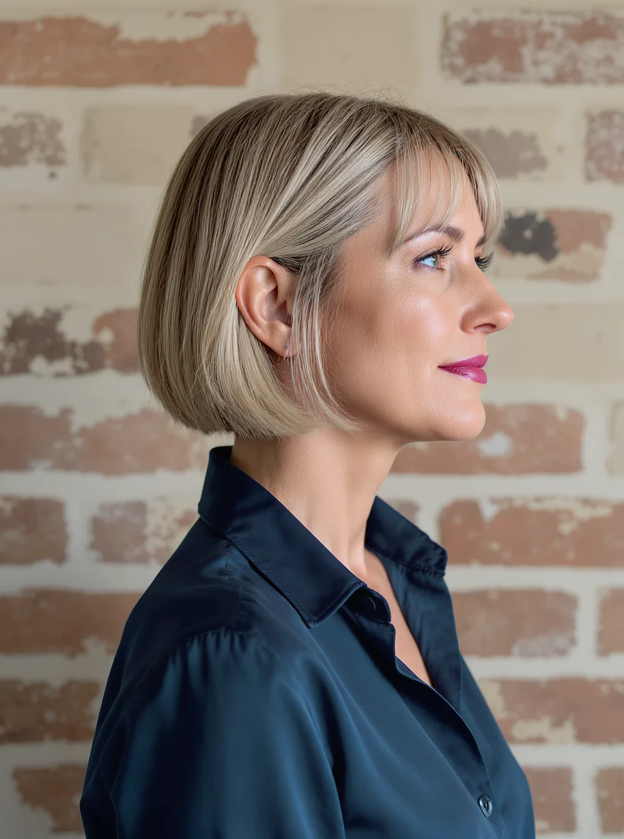 Classic Straight Ash Blonde Bob with Side-Swept Bangs
