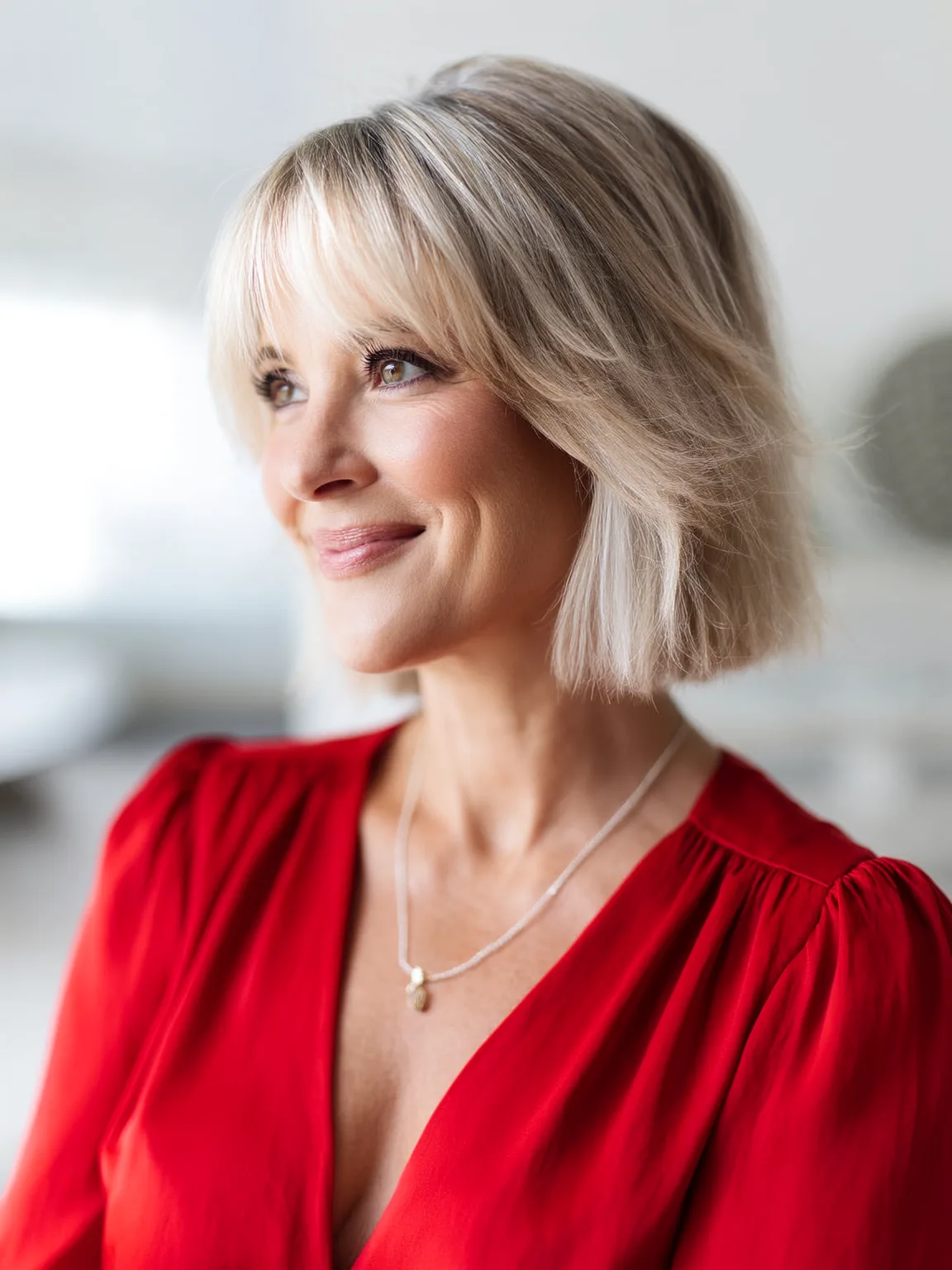 Wispy Bangs on a Straight Ash Blonde Bob