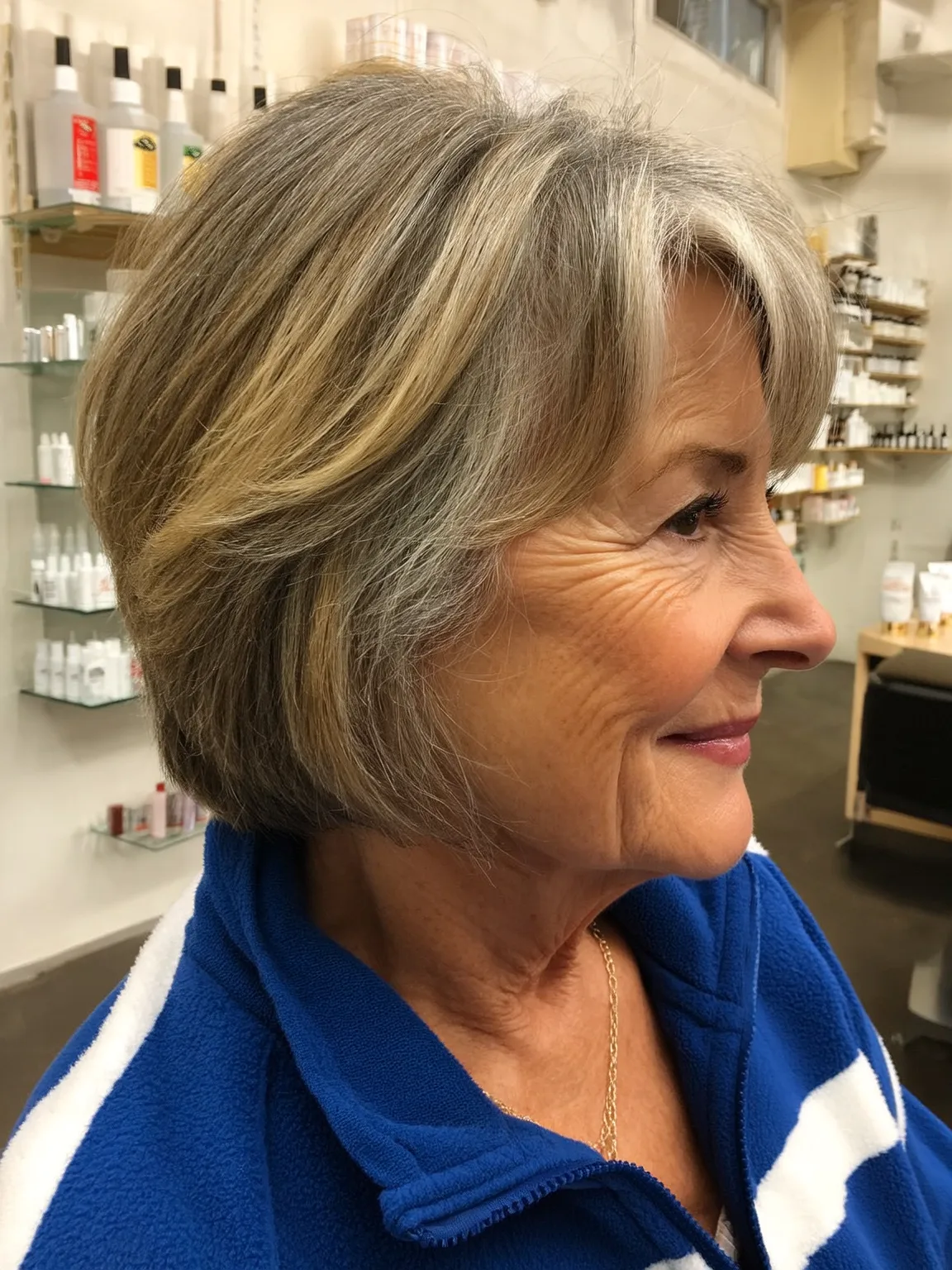 Silver Bob with Ash Blonde Highlights and Side-Swept Bangs