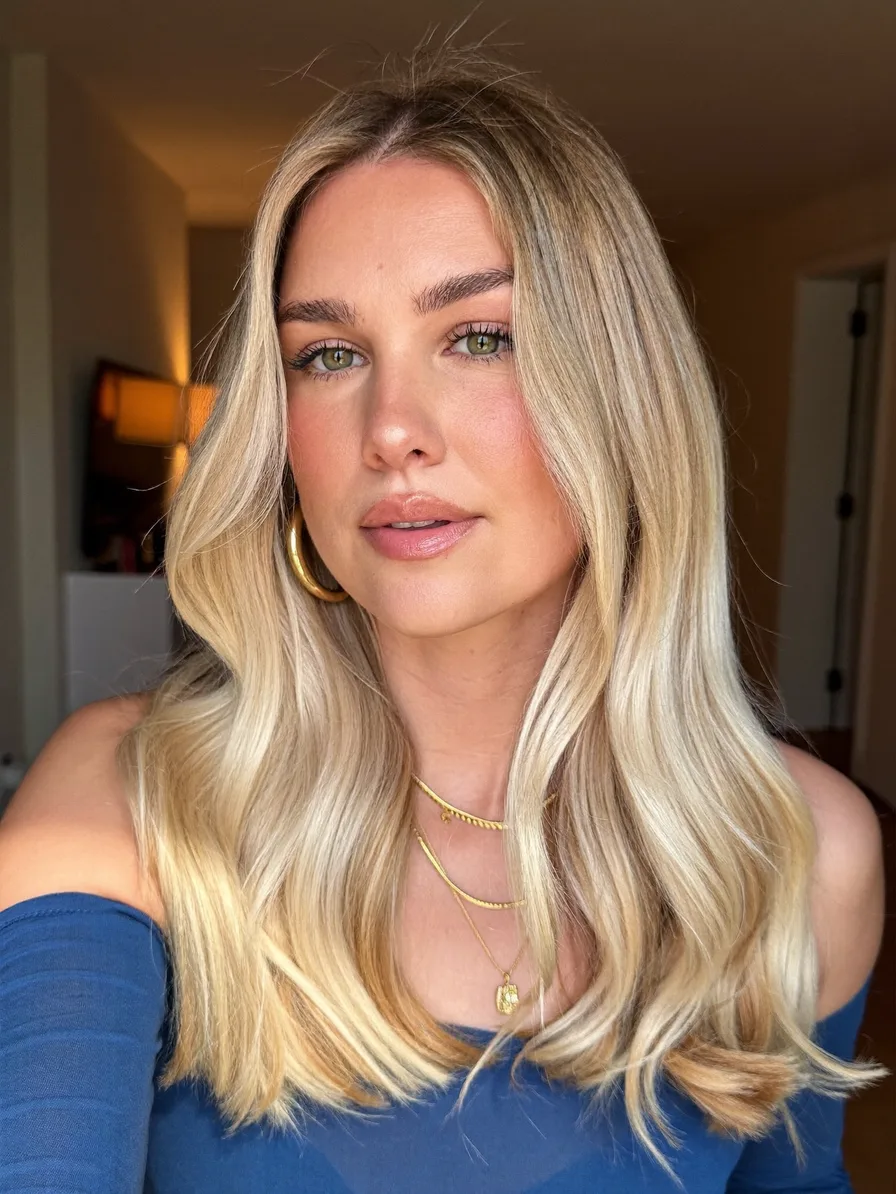 Medium Length Cool Blonde Long Layers with Soft Waves