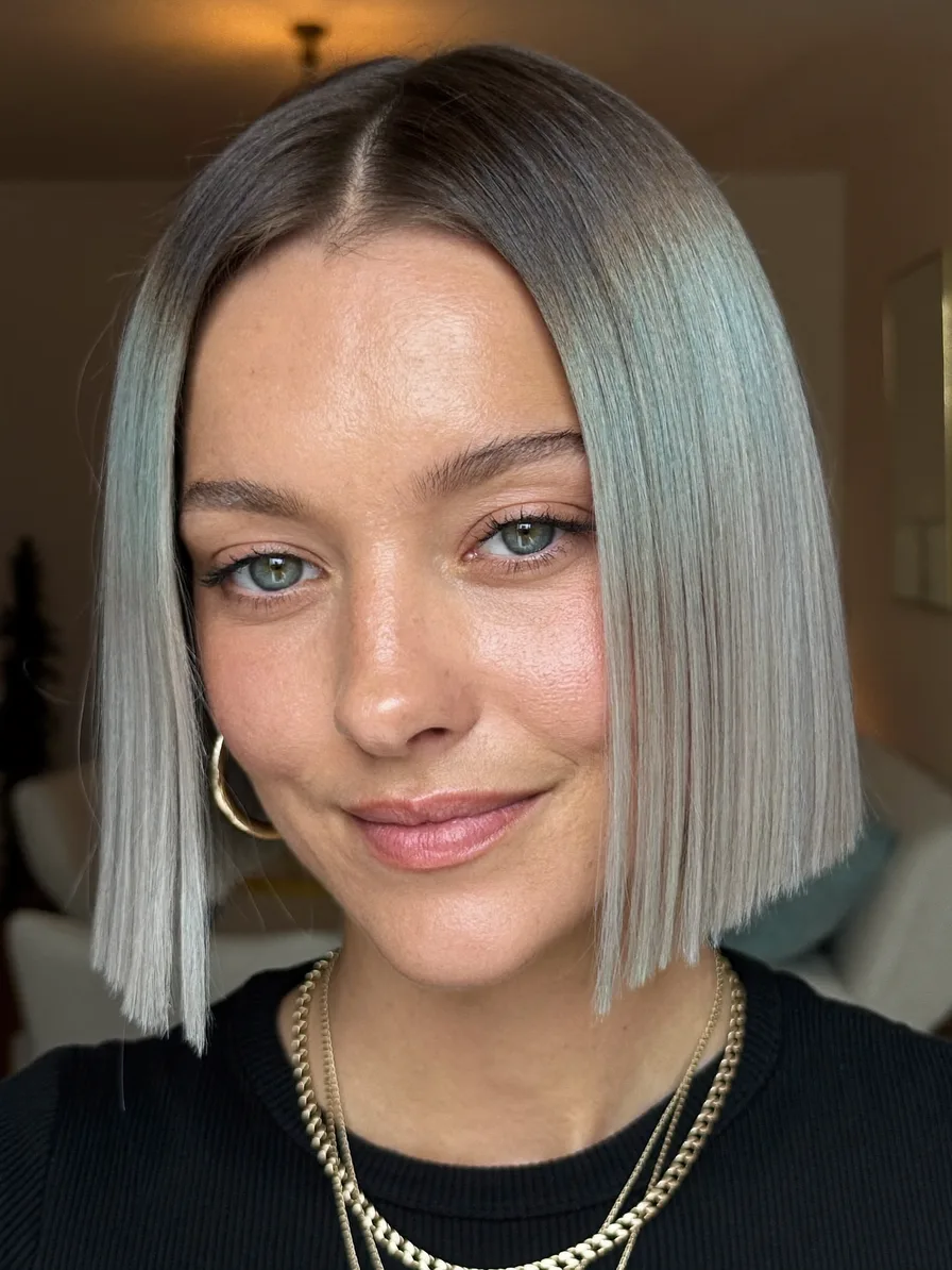 Sleek Center-Parted Blunt Bob with Cool Ash Blonde Color