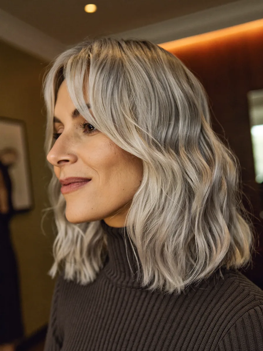 Textured Shoulder-Length Lob with Icy Ash Blonde Balayage
