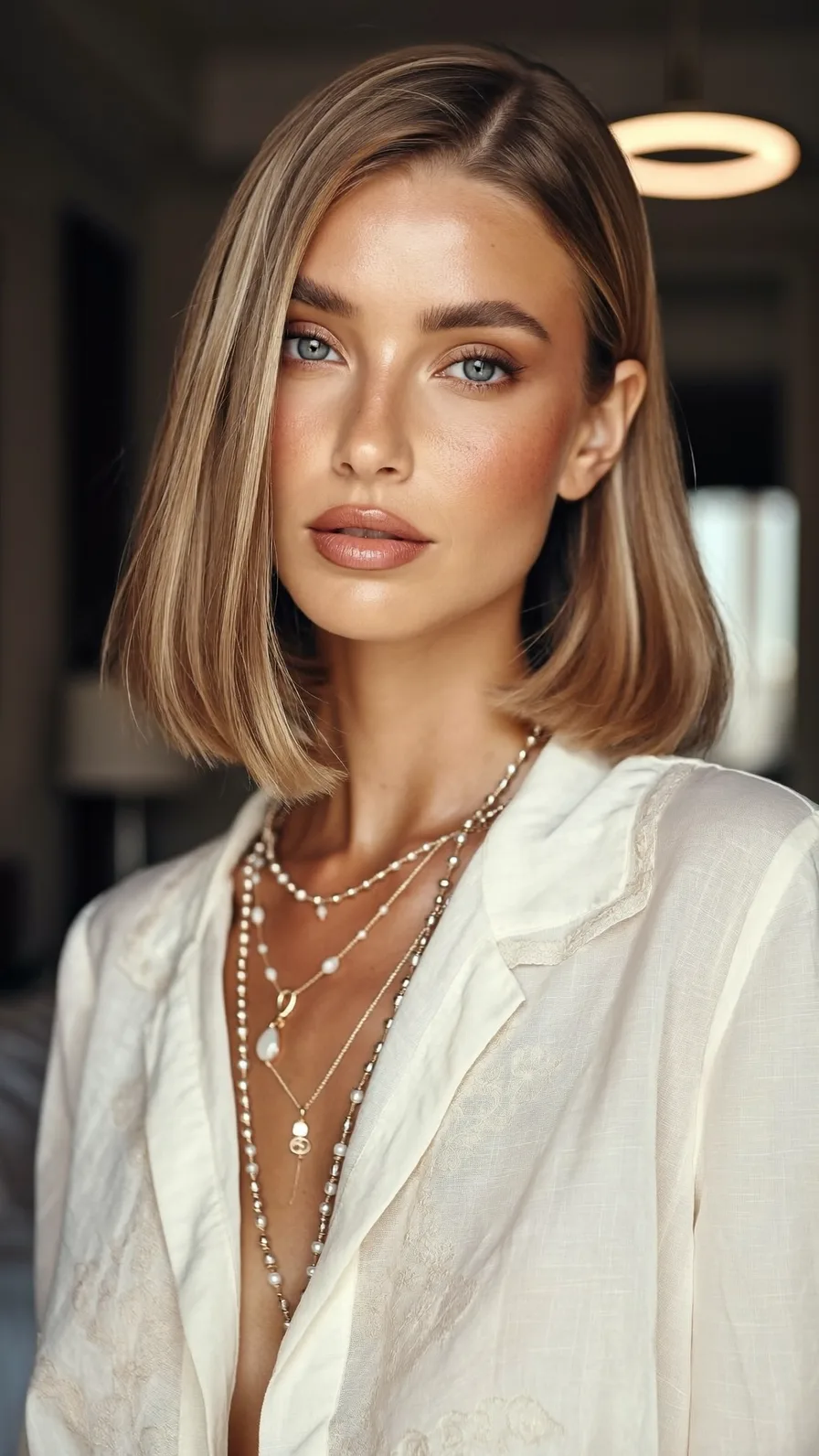 Sleek Chin-Length Blunt Bob with Subtle Blonde Highlights