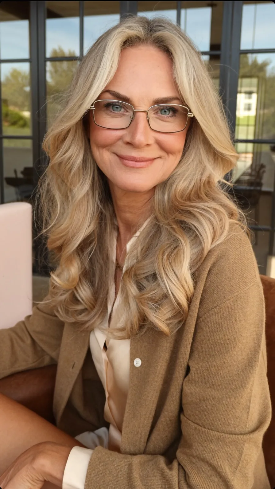 Voluminous Long Layers with Subtle Blonde Balayage and Curtain Bangs