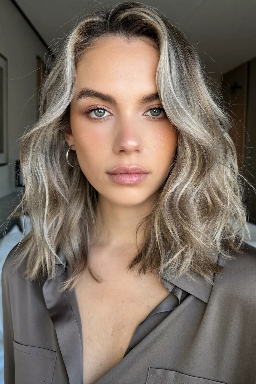 Modern Shoulder-Length Wavy Layered Ash Blonde Balayage Hairstyle