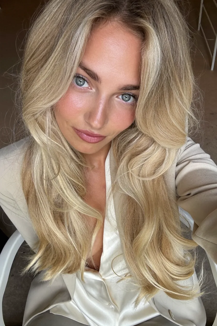 Voluminous Long Layers with Flowing Curtain Bangs and Balayage