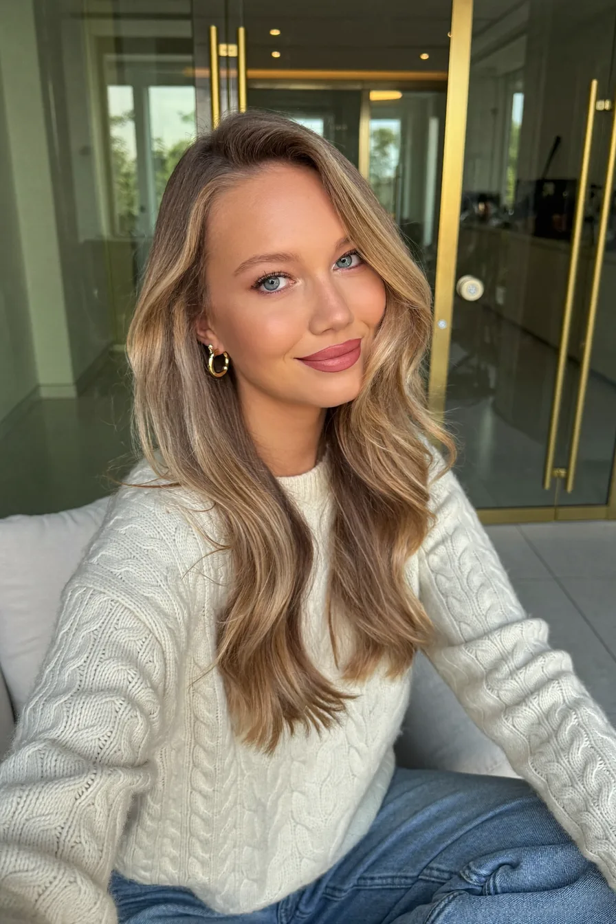 Soft Flowing Long Layers with Warm Honey Blonde Balayage