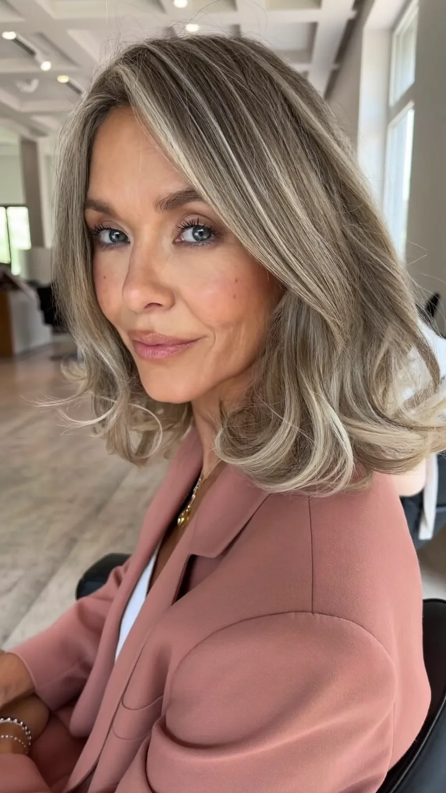 Soft Layered Shoulder-Length Ash Blonde Hairstyle