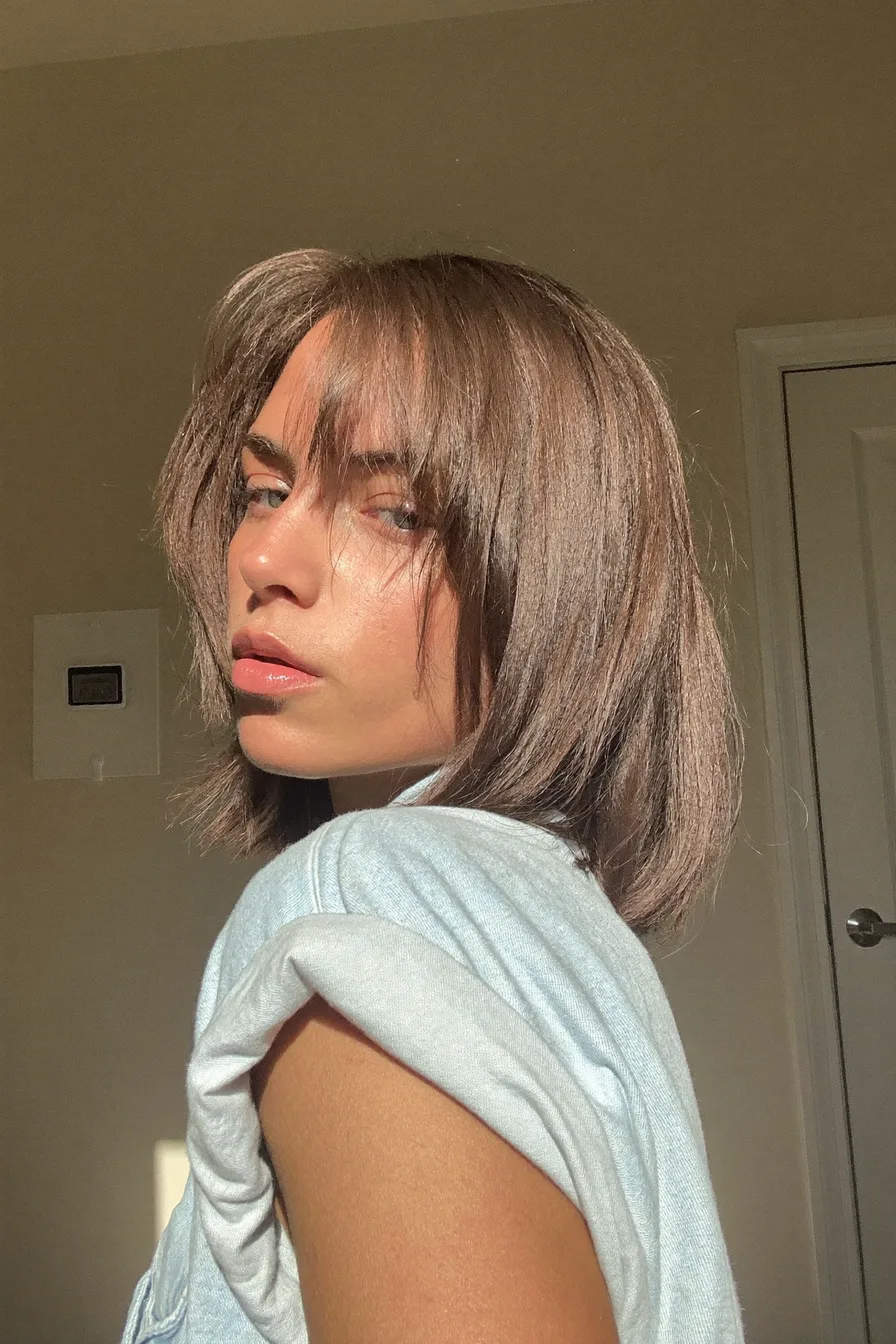 Chic Ash Blonde Lob with Soft Face-Framing Bangs