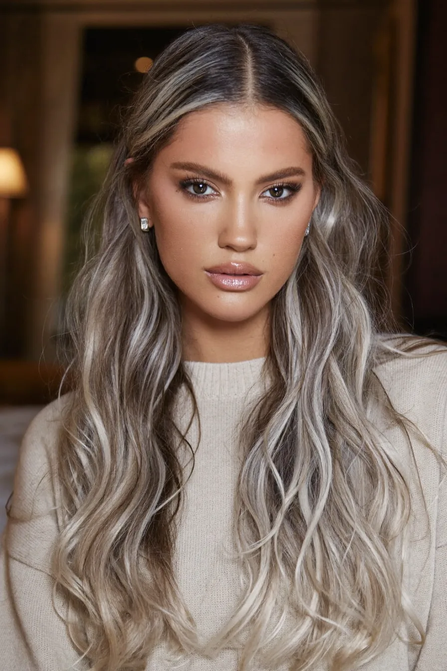 Long Layered Ash Blonde Waves with Face-Framing Highlights